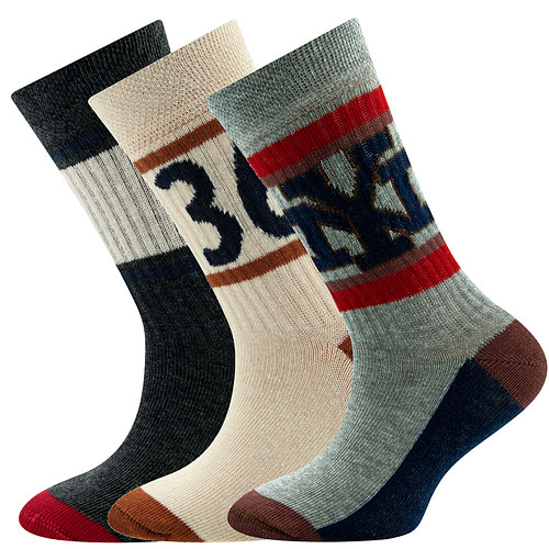3-Pack Kindersokken Ewers Jongens - Set - Beige/Bruin met Donkerblauw 36 & Beige Band met Donkergrijs/Blauw Streepje & Lichtgrijs met NY Bruin/Rood