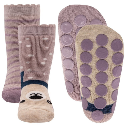 Antislipsok Noppen - Dubbelpak - Berenhoofdje / Roze met Strepen en Bewerkt Randje - Ewers