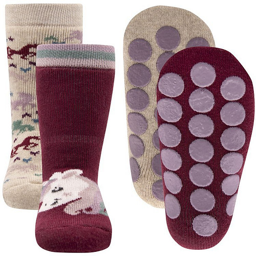 Antislipsok Roze Noppen - Dubbelpak - Beige met Gekleurde Eenhoorns/Wijnrood Eenhoornhoofd - Ewers