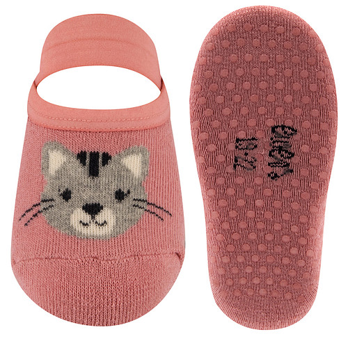Antislipslofjes Ewers Oudroze met Grijs Poesje - Elastische Voetband - Silconenen Nopjes