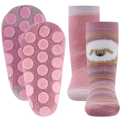 Antislipsok Ewers 2-Pack - Wit Schaap en Streepjes & Effen Roze - Set van 2 Paar - Roze & Oudroze Accenten - Antislipnopjes