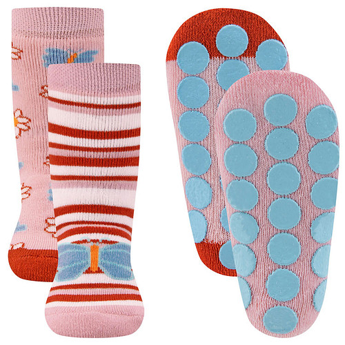 2-pack Antislipsokken Ewers - Roze met Vlinder en Strepen Wit/Oranjebruin & Roze met Bloemen/Vlinders - Noppen Antislip