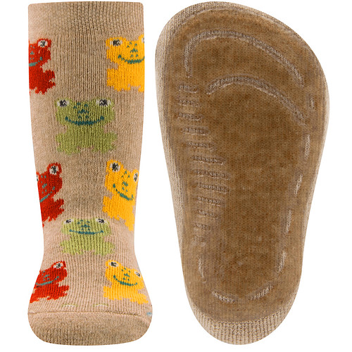 Antislipsok Ewers Zand/Beige met Grappige Kikkertjes in Groen-Oranjebruin-Geel-Lichtblauw