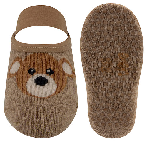 Antislipslofjes Ewers Beige/Zand met Bruine Beertje - Elastische Voetband - Silconenen Nopjes