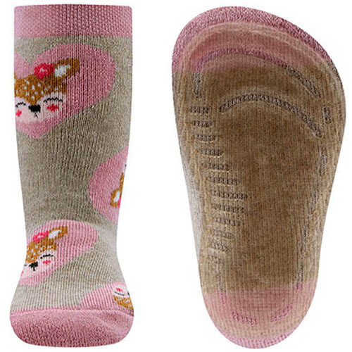 Antislipsok Ewers - Donkerbeige met Bruine Hertjes op Roze Harten