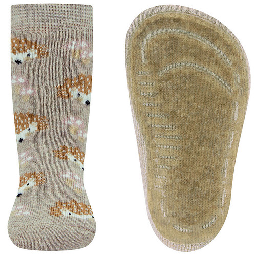 Antislipsokken Ewers Kindermaat - Zandkleurig met Egeltjes en Roze Paddenstoelen - Siliconenzool