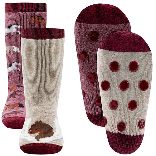 Antislipsok Ewers 2-Pack - Paarden & Hoefijzer/Paard - Set van 2 Paar - Rozerood & Ecru met Rood - Antislipnopjes