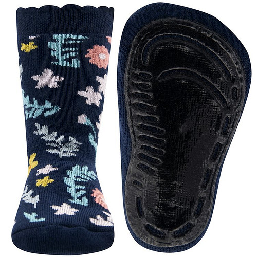 Antislipsok Donkerblauw met Bloemetjes en Blaadjes - Ewers