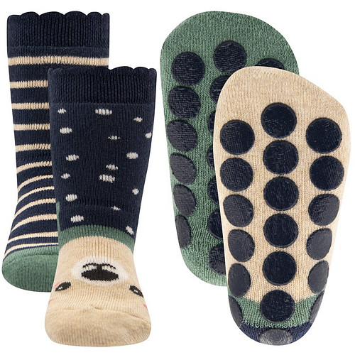 Antislipsok Noppen - Dubbelpak - Berenhoofdje / Blauw en Groen met Strepen en Bewerkt Randje - Ewers