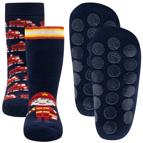 Antislipsok Dubbelpak Noppen - Donkerblauw met Brandweerman en Rode Brandweerautos - Ewers