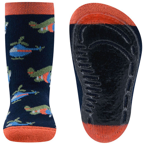 Antislipsok Ewers Blauw/Groen/Oranje Helikopters en Dubbeldekker Vliegtuig - Donkerblauw met Oranje