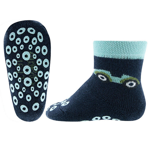 Antislipsok Ewers Raceauto met Turquoise en Groen - Sok Donkerblauw met Turquoise Rand - Antislipnopjes op Zool en Neus