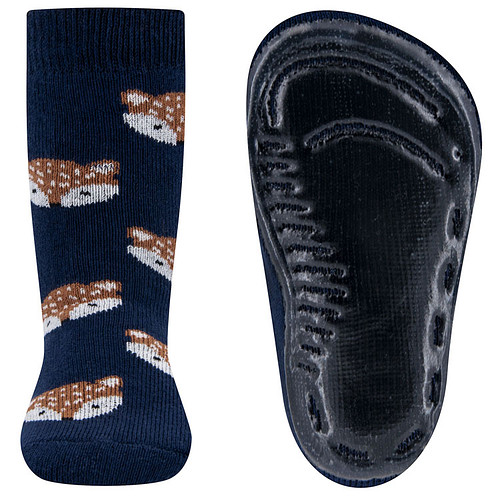 Antislipsokken Ewers Kindermaat - Donkerblauw met Vosjes Hoofd Bruin & Wit - Siliconenzool
