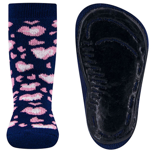Antislipsokken Ewers Kindermaat - Donkerblauw met Luipaardvlek Hartvormig Design Roze & Creme- Siliconenzool