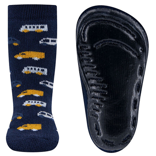 Antislipsokken Ewers Kindermaat - Donkerblauw met Bussen & Vrachtauto Grijs & Oker & Blauw - Siliconenzool