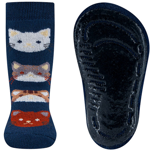 Antislipsokken Ewers Kindermaat - Donkerblauw met Poezen Hoofden Grijs & Bruin & Roodbruin - Siliconenzool