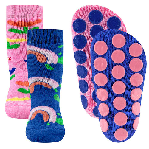 Antislipsokken Ewers Kindermaat - DUOPACK - Roze & Blauw met Rupsjes en Bloemen - Siliconen Noppen