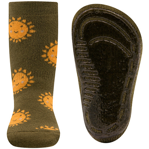 Antislipsok Ewers - Olijfgroen met Warm Gele Vrolijke Zonnen