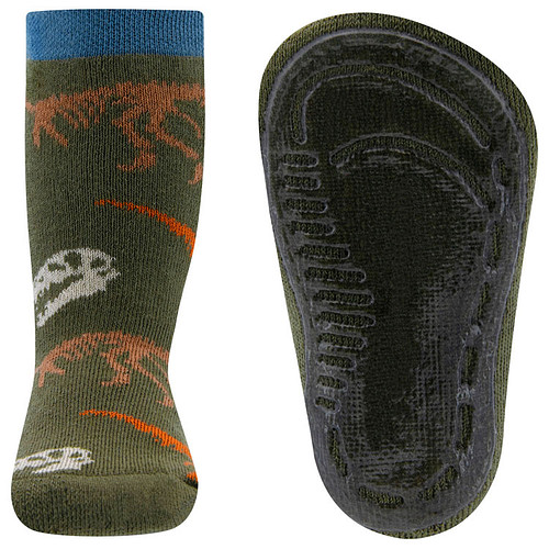 Antislipsok Ewers Donkergroen met DINO Skeletten Wit & Oranjebruin - Blauwe Rand