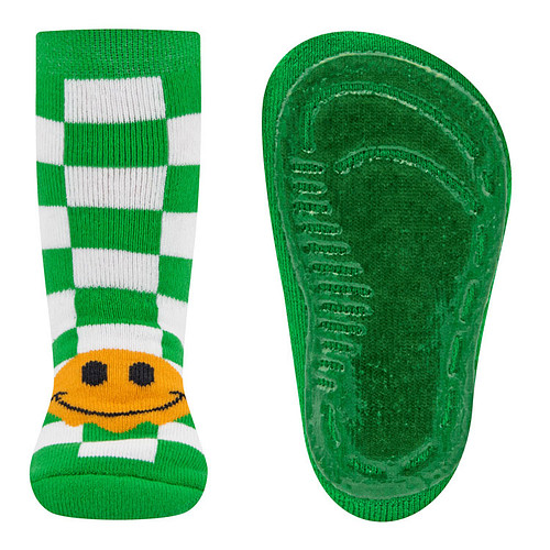 Antislipsokken Ewers Kindermaat - Groen&Wit Geblokt Gele Smiley - Elastisch - Siliconenzool