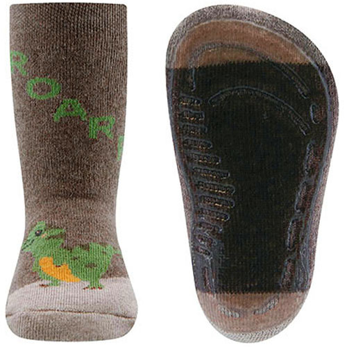 Antislipsok Ewers - Grijsbruin met Kleine Groene Dino -T-Rex - ROARR