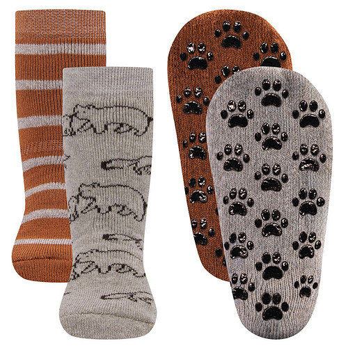 Antislipsokken Ewers Kindermaat - DUOPACK - Beige & Bruin met Vosjes & Beren & Streepjes - Siliconen Noppen