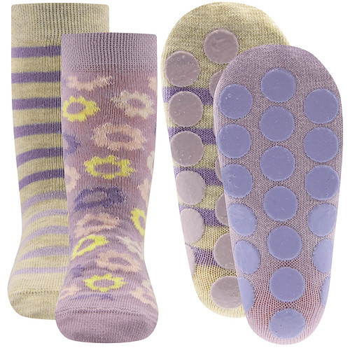 Antislipsok Ewers 2-Pack - Set 2 paar - Lila met bloemen en Beige met Lila Streepjes - Antislipnopjes