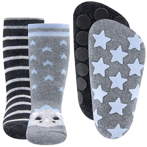 Dubbelpak Antislipsokken met Noppen - Grijs met Dinosaurus en Grijs met strepen