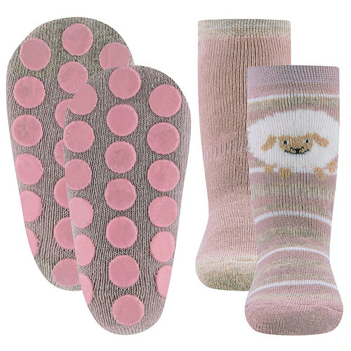 Antislipsok Ewers 2-Pack - Wit Schaap en Wit/Beige Streepjes & Effen Oudroze - Set van 2 Paar - Oudroze & Ecru/Beige Accenten - Antislipnopjes