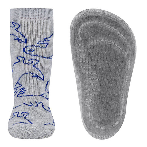 Antislipsokken Ewers Kindermaat - Lichtgrijs met Blauwe Dinosaurussen - Elastisch - Siliconenzool