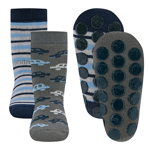 Antislipsokken Ewers - Set 2-Pack -Grijs/Blauw met Autos & Strepen - Elastisch - Noppenzool