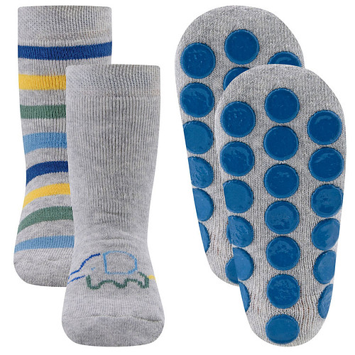 Antislipsokken Ewers Kindermaat - DUOPACK - Lichtgrijs met Olifantje en Gekleurde Strepen - Siliconen Noppen