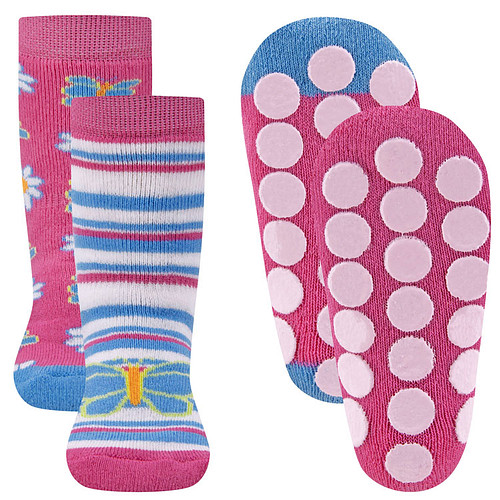 2-pack Antislipsokken Ewers - Donkerroze met Vlinder en Strepen Wit/Blauw & Donkerroze met Bloemen/Vlinders - Noppen Antislip
