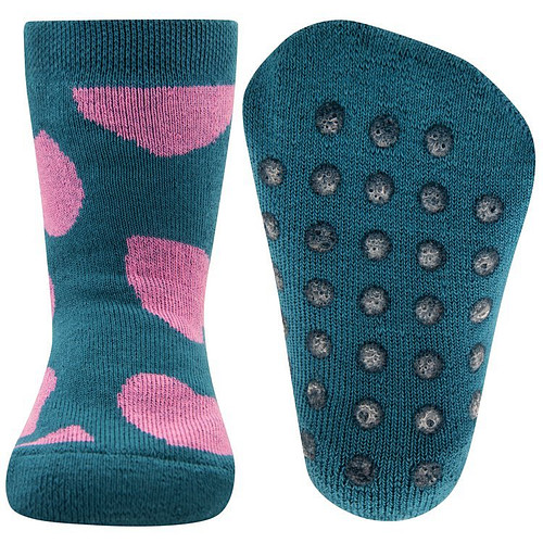 Antislipsok Petrolblauw met Roze Hartvormen - Ewers - Biologisch Katoen GOTS