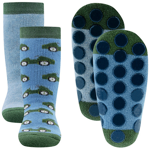 Antislipsok Ewers 2-Pack - Groene Raceauto's & Effen Lichtblauw - Set van 2 Paar - Blauw met Groen - Antislipnopjes