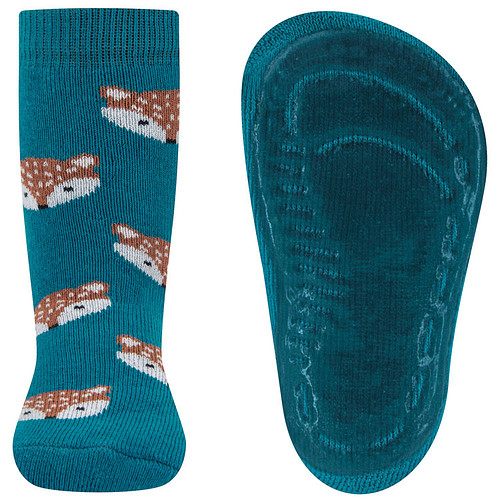 Antislipsokken Ewers Kindermaat - Petrol met Vosjes Hoofd Bruin & Wit - Siliconenzool