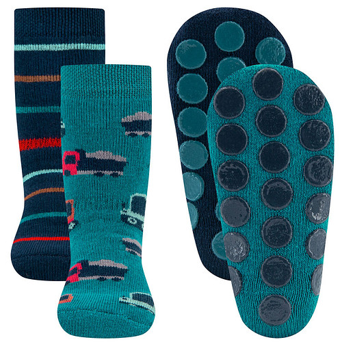 Antislipsokken Ewers Kindermaat - DUOPACK - Petrol & Donkerblauw met Vrachtautos/Kranen & Streepjes - Siliconen Noppen