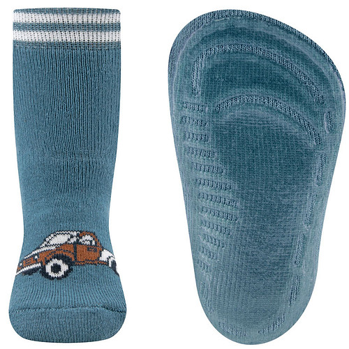 Antislipsokken Ewers Kindermaat - Staalblauw met Auto & Sportstrepen  - Siliconenzool