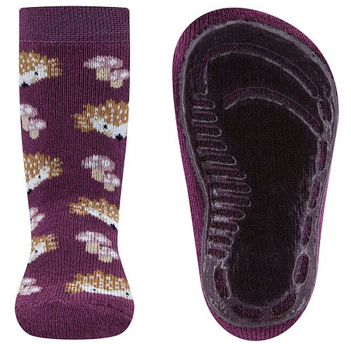 Antislipsokken Ewers Kindermaat - Paars met Egeltjes en Paddenstoelen - Siliconenzool