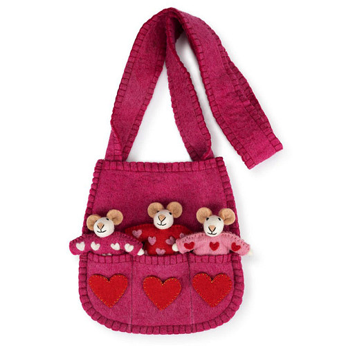 Schoudertasje Wolvilt - Fuchsiaroze met Hartjes Love - Vingerpoppetjes Muizen - Handmade&Fairmade - 20x30cm