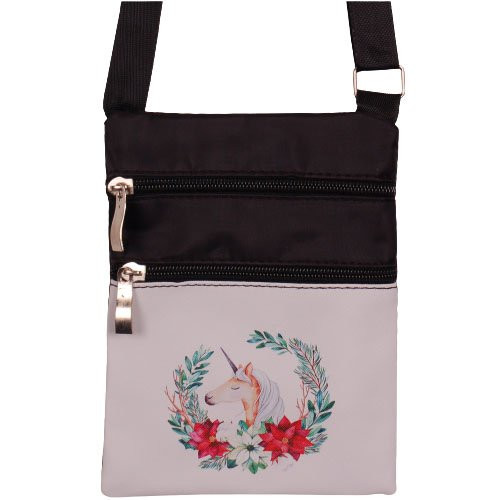 Schoudertasje zwart met eenhoornhoofd en krans - 15x19cm