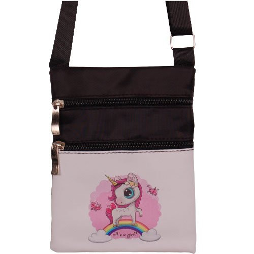 Schoudertasje zwart met eenhoorn en regenboog "Its a girl!" - 15x19cm