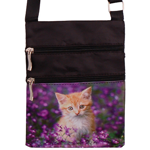 Schoudertasje - Rode Kitten tussen Paarse Bloemen - Zwart - Verstelbaar - 19x14,5cm