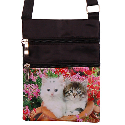 Schoudertasje - Kittens in Pot en Rode Bloemen - Zwart - Verstelbaar - 19x14,5cm