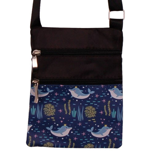 Schoudertasje - Dolfijn Geanimeerd Kroontje Onderwaterleven - Koraal & Zeesterren - Zwart - Verstelbaar - 19x14,5cm