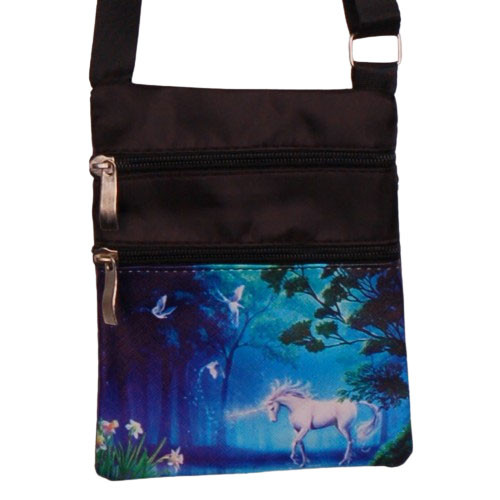 Schoudertasje - Eenhoorn/Unicorn Magisch Bos Vogels & Bloemen - Zwart - Verstelbaar - 19x14,5cm
