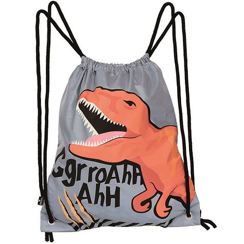 Trekkoord tas - Glimmend/reflecterend grijs met dinosaurus T-rex