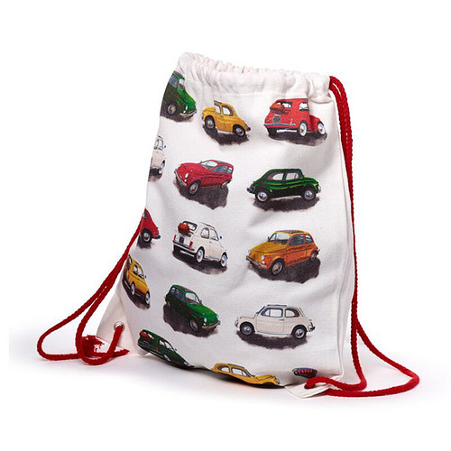 Trekkoordtas/Rugtas - Fiat 500 Retro Classic Oldtimers - Geel&Rood&Wit&Groen - Canvas - 42x33cm