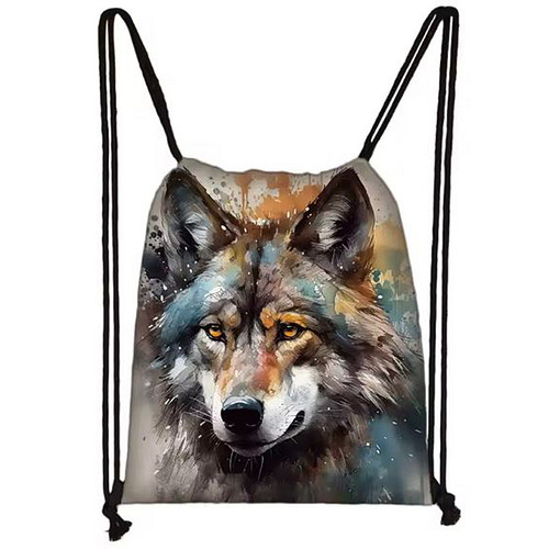 Gymtas/Trekkoordtas - Wolf Aquarel - Wit&Zwart Dubbelzijdig - 40x31cm