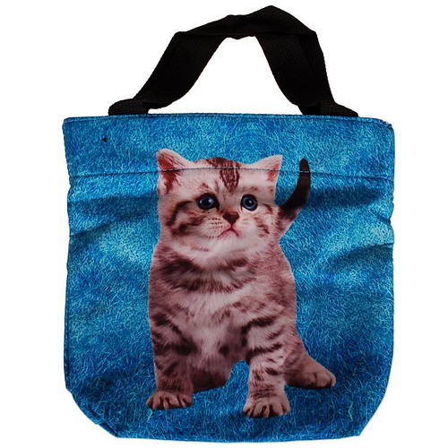 Schoudertasje/Handtasje blauw met gestreept kitten - 21x21cm